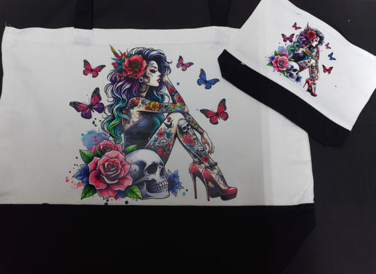 Woman with tattoos an skull matching bag set